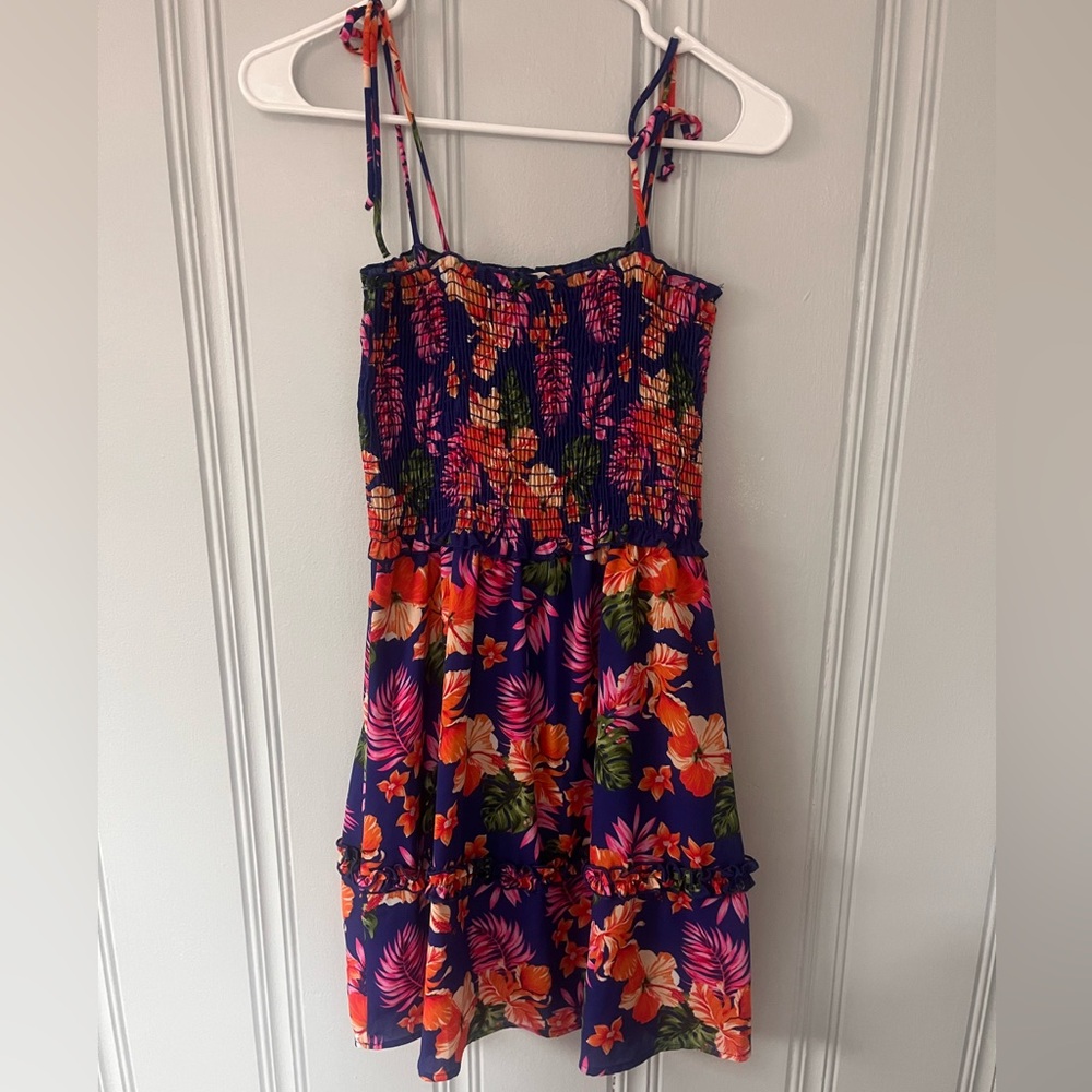 Dark blue sundress with Hawaiian flowers
